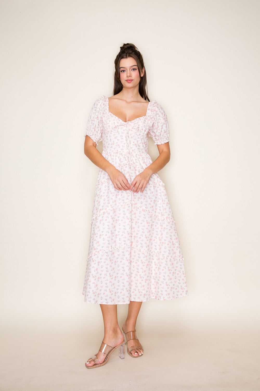 Short Sleeve Sweetheart Neck A Line Midi Floral Dress