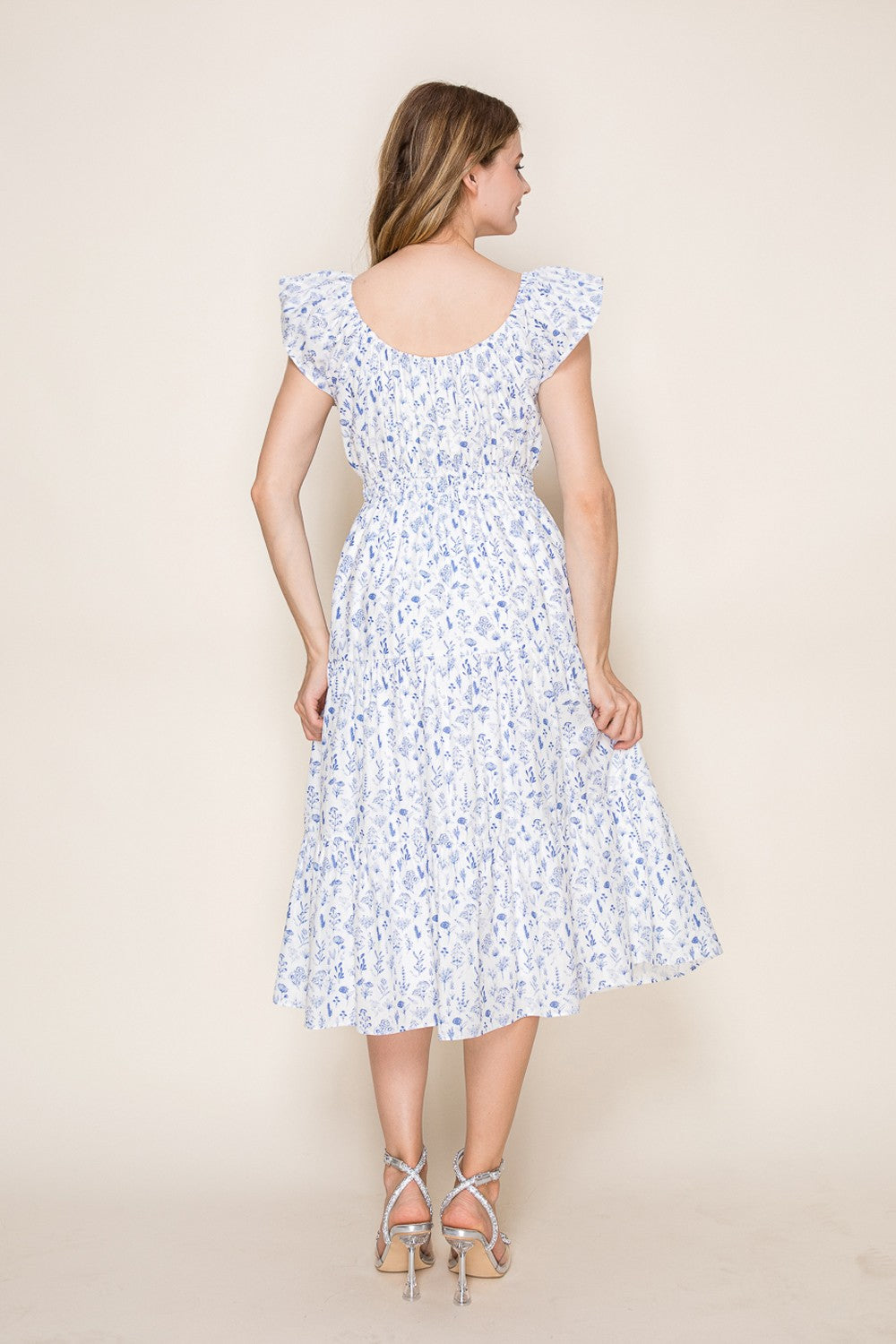 Blue Bouquet Midi Dress With Ruffle Sleeves and Pockets