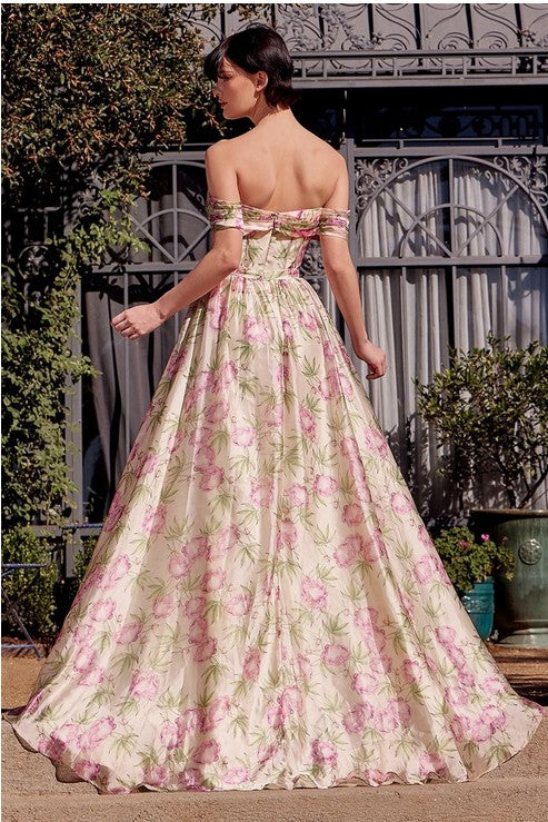 Off the Shoulder Floral A-Line Long Formal Dress with Pockets