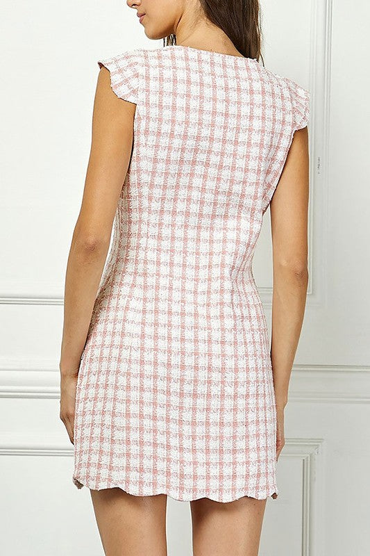 Cap Sleeve Tweed Button Down Shift Mini Dress