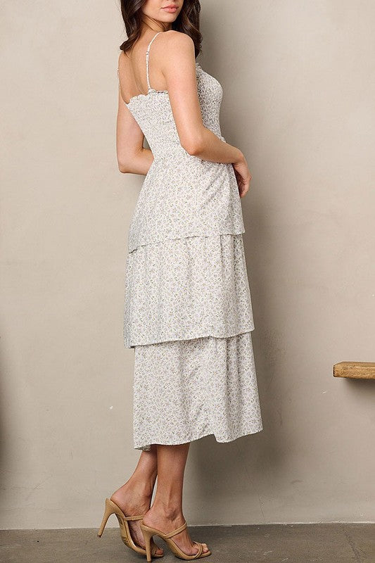 Adjustable Spaghetti Strap Floral Print Tiered Midi Dress