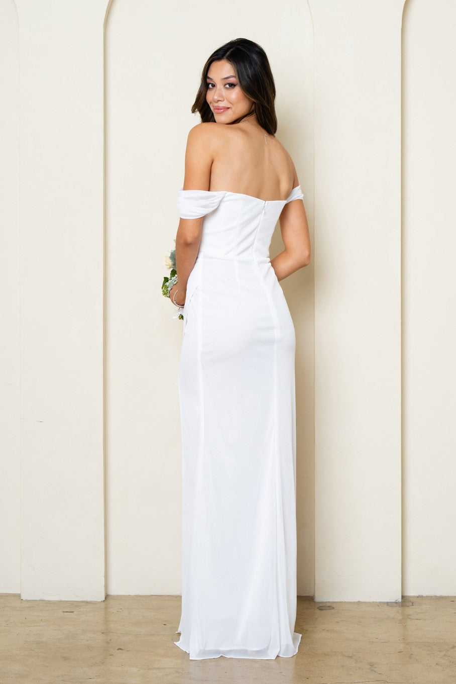 Off the Shoulder Sweetheart Neckline Chiffon Long Formal Dress with Side Slit