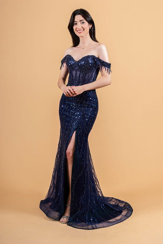 Off the Shoulder Sequins Long Fitted Formal Dress with Side Slit and Boned Illusion Bodice