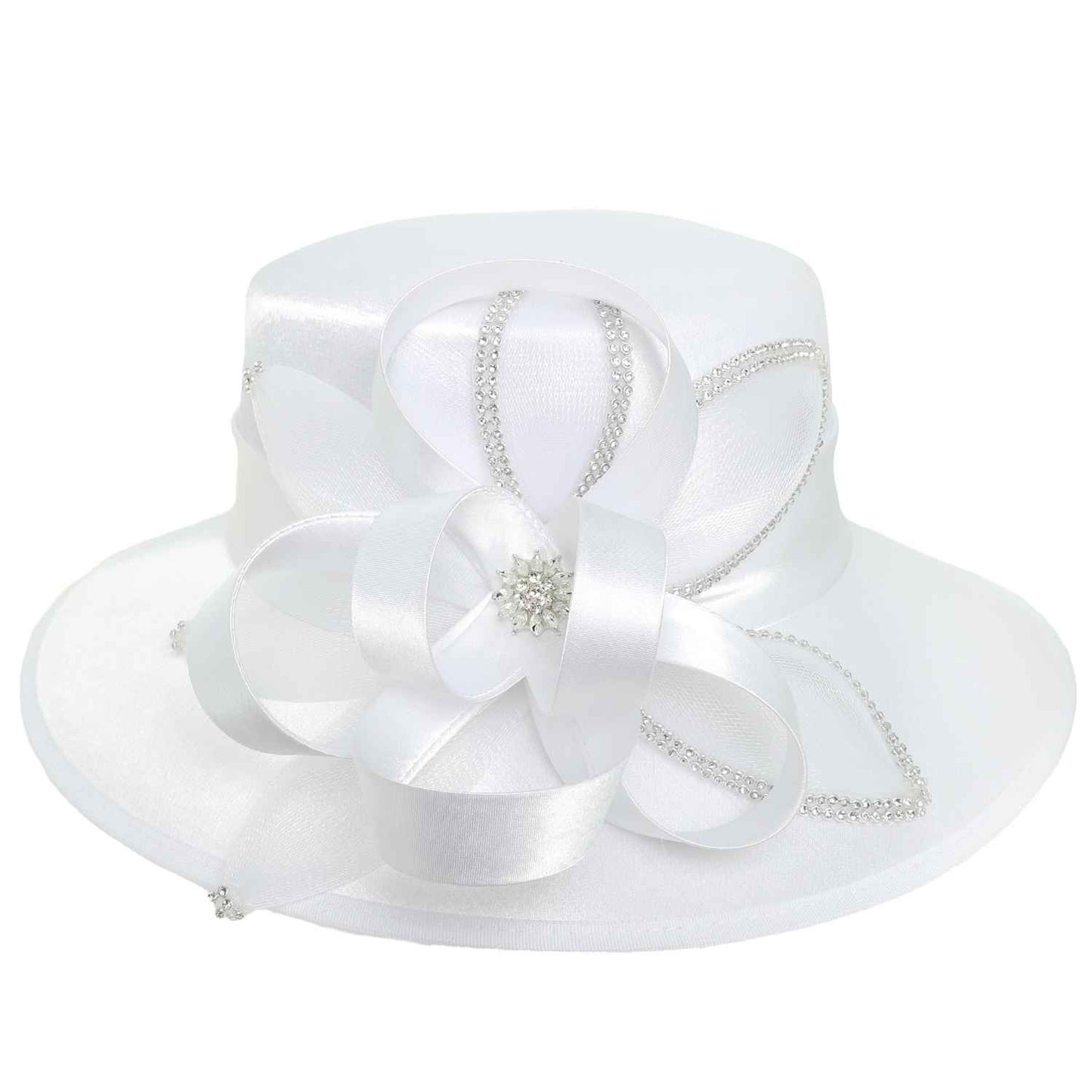 Rhinestone Embellished Looped Bow Satin Braid Luxury Hat