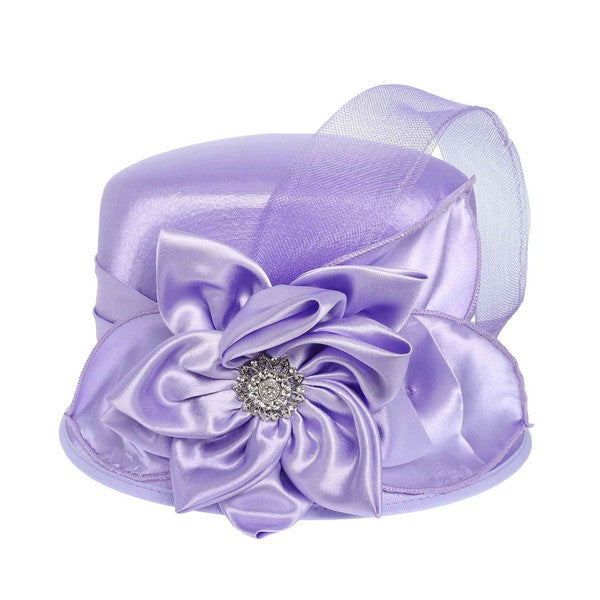 Rhinestone Embellished Flower Bow Satin Luxury Hat