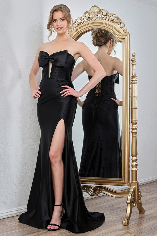 Strapless Satin Long Formal Dress with Bow Accent Bodice and Corset Close Back