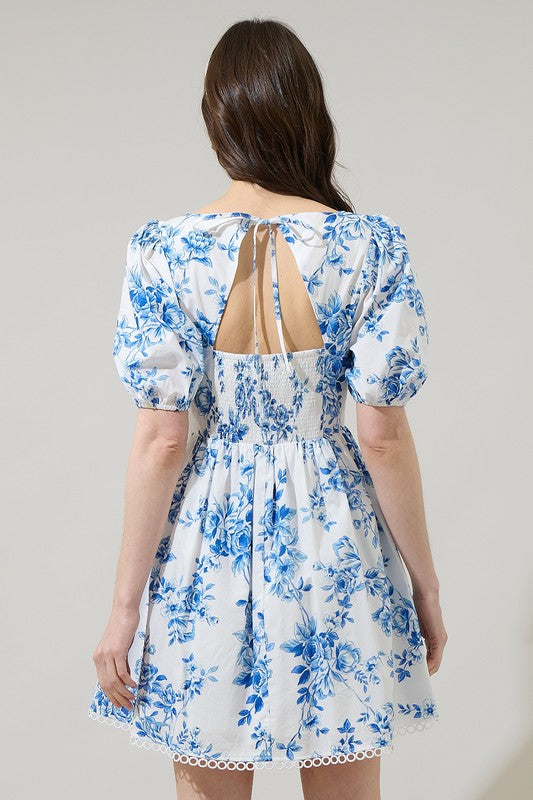 Short Puff Sleeve Juba Floral Mini Dress with Pockers