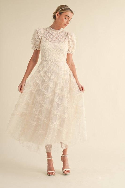 Short Puff Sleeve Ruffle Midi Dress