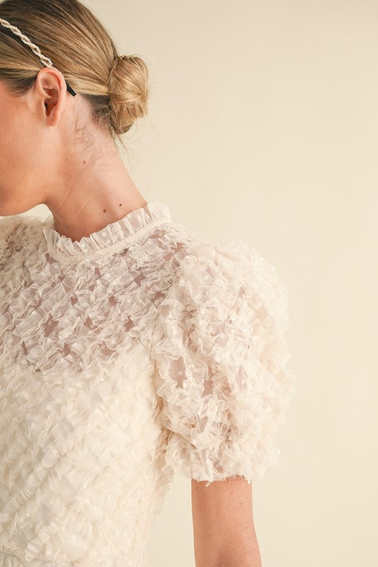 Short Puff Sleeve Ruffle Midi Dress