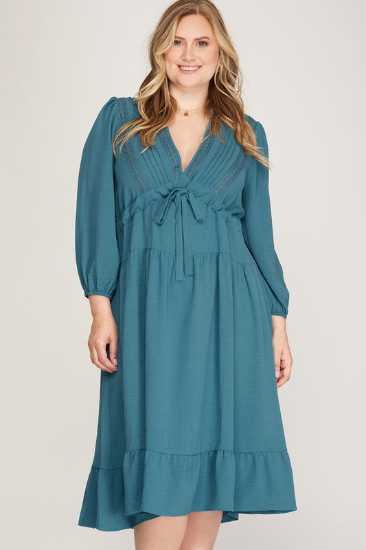 3/4 Sleeve Woven Tiered V Neck Midi Dress with Empire Tie and LAce Insert Detail