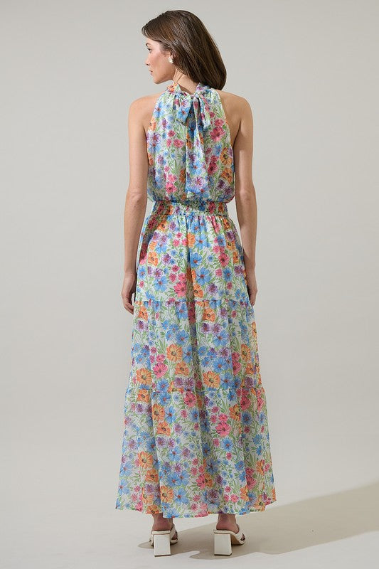 Sleeveless Halter Garden Maxi Dress