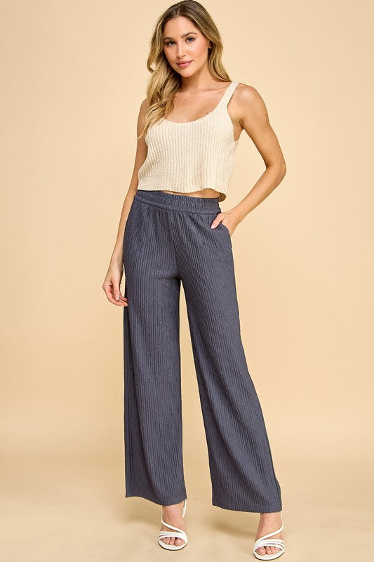 Crinkle Wide Leg Pants with Elastic Waist for Comfort