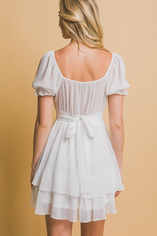 Short Puff Sleeve Ruffle Mini Dress with Bow Tie Back