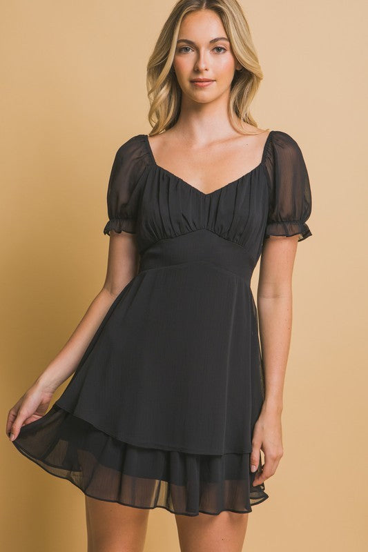 Short Puff Sleeve Ruffle Mini Dress with Bow Tie Back