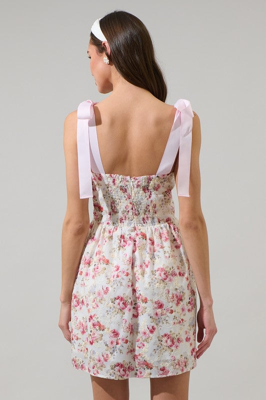 Tie Bow Strap Eyelet Fit and Flare Floral Mini Dress