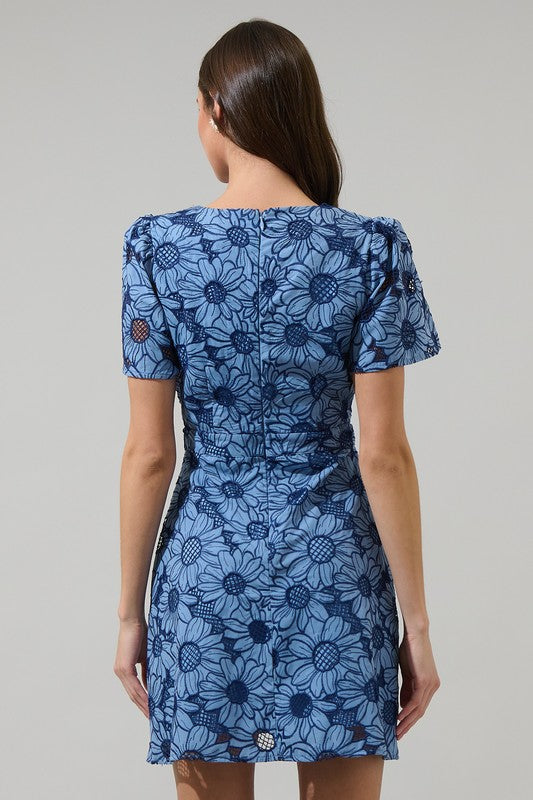 Short Puff Sleeve Floral Fit and Flare Mini Dress