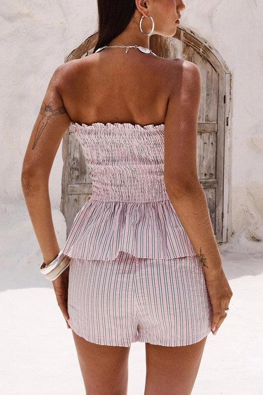 Striped Bandeau Top with Tie Front With Matching Shorts