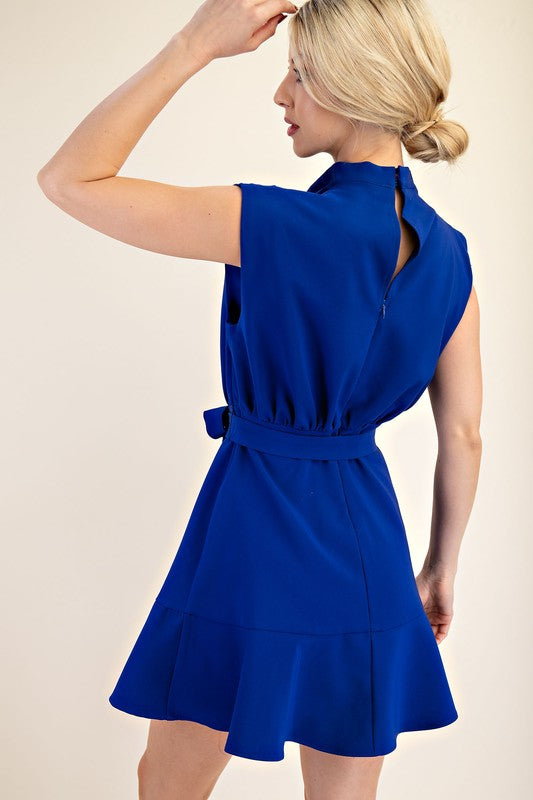 Sleeveless Cowl Neck Fit and Flare Mini Dress with Ruffle Hem
