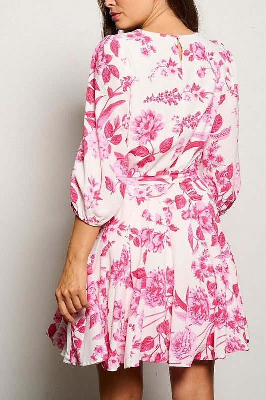 3/4 Sleeve Floral Fit and Flare Mini Dress with Tie Waist
