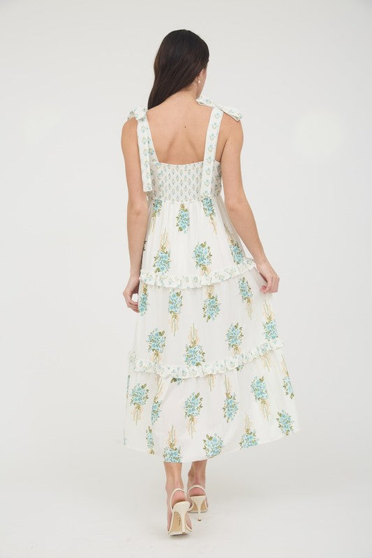 Floral Bouquet Print Tie Strap Empire Tiered Dress