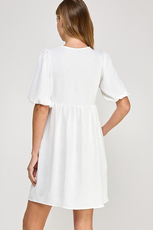 Short Sleeve Solid Front Bow Tie Mini Baby Doll Dress