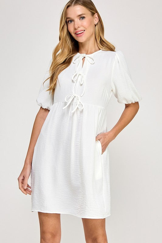 Short Sleeve Solid Front Bow Tie Mini Baby Doll Dress