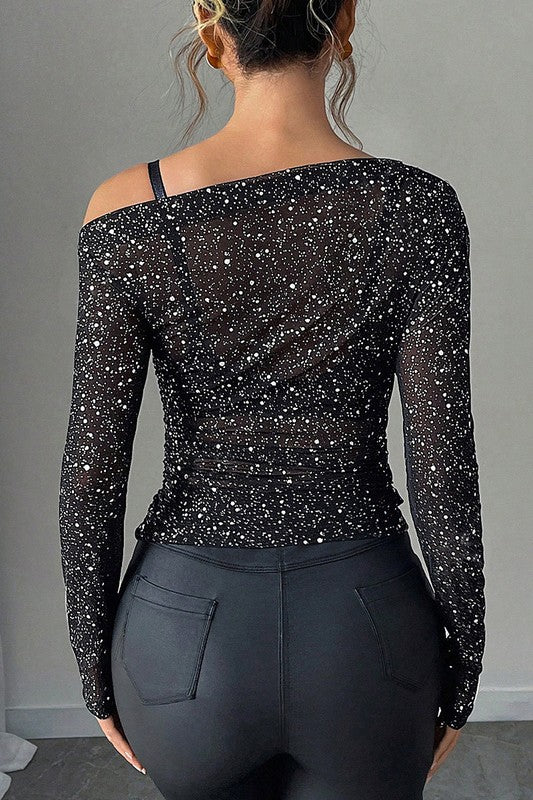 Long Sleeve Off the Shoulder Neckline Glitter Mesh Top