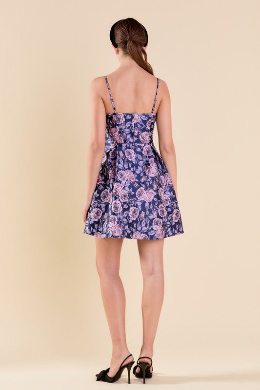 Spaghetti Strap Floral Jacquard Fit and Flare Mini Dress
