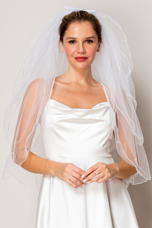 Multi Layer Hip Length Bridal Vail with Pearl Accents