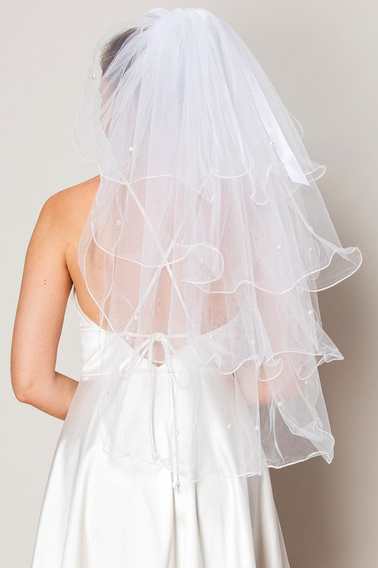 Multi Layer Hip Length Bridal Vail with Pearl Accents