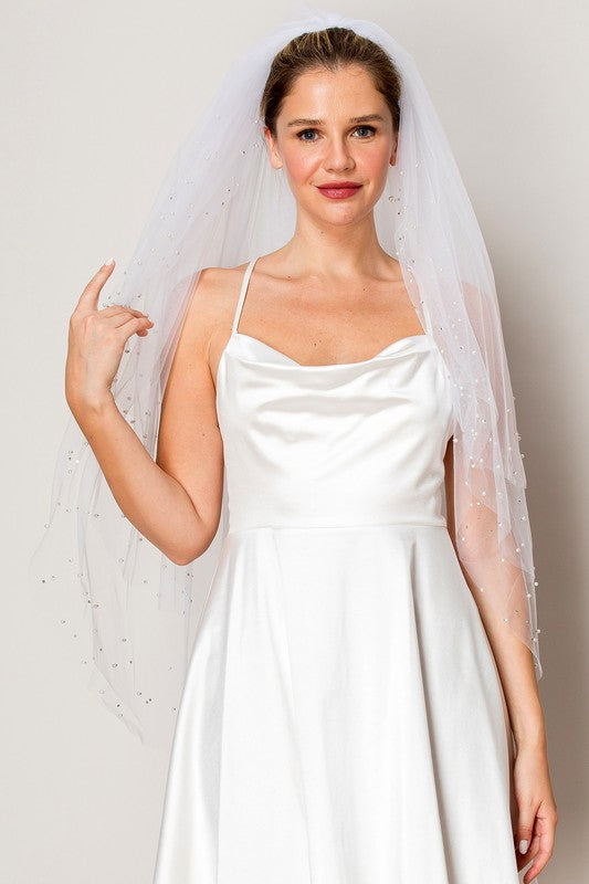 Multi Tiered Mid Length Bridal Veil with Scattered Crystals and Pearls