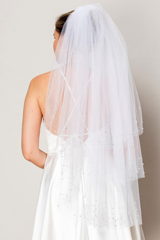 Multi Tiered Mid Length Bridal Veil with Scattered Crystals and Pearls