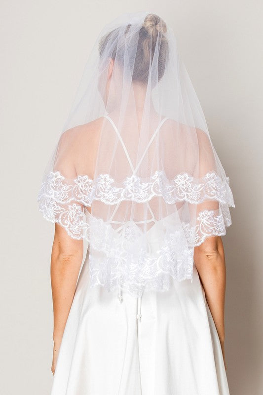 Two Layer Floral Embroidered Waist Length Bridal Veil
