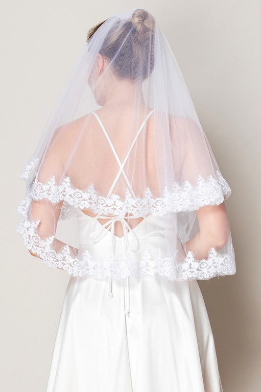 Floral Lace Edge Two Tier Waist Length Bridal Veil