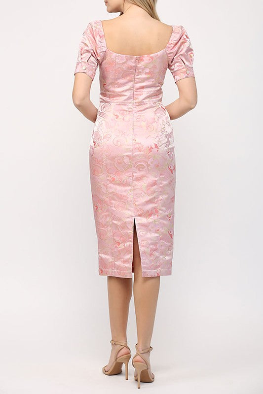 Short Puff Sleeve Floral Jacquard Mini Dress with Back Slit
