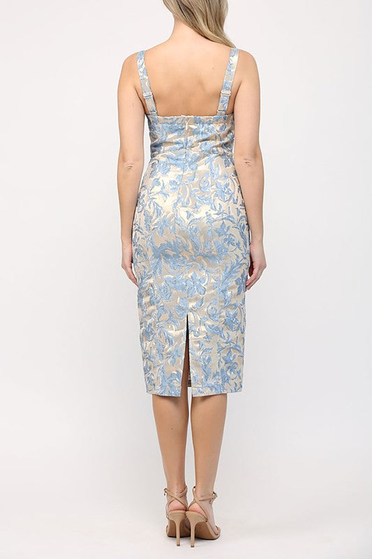 Sleeveless Floral Jacquard Mini Dress with Peep Hole Bodice and Back Slit
