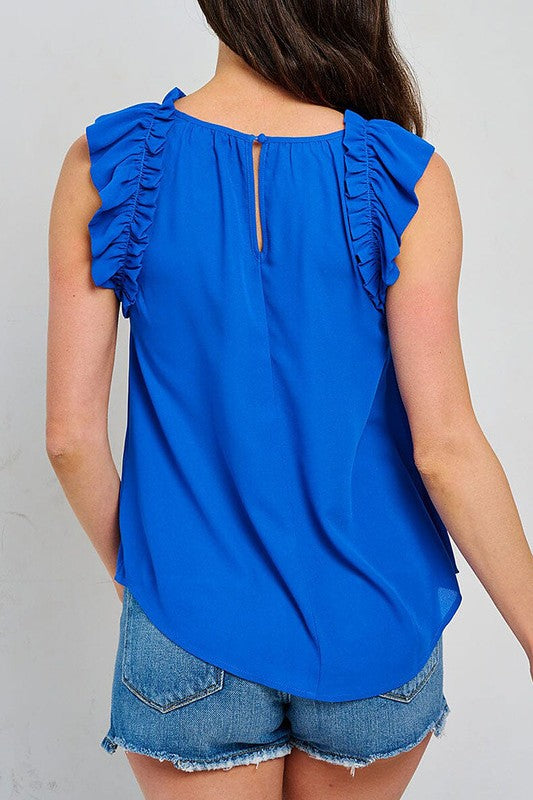 Short Ruffle Sleeve Neck Trim Detailed Top