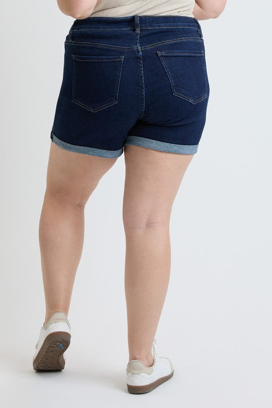 Curvy High Rise Premium Stretch Fold Cuff Denim Shorts