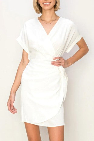 Short Sleeve Side Tie Wrap Surplice Mini Dress