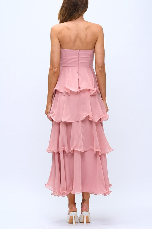 Strapless Fit and Flare Chiffon Tiered Maxi Dress