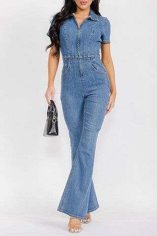 Short Sleeve Zip Front Bell Leg Jumpsuit