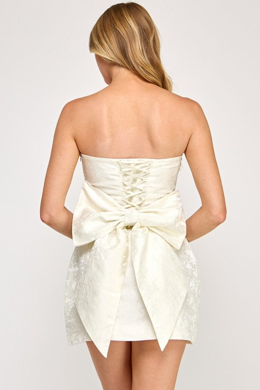 Strapless Satin Jacquard Mini Dress with Back Bow