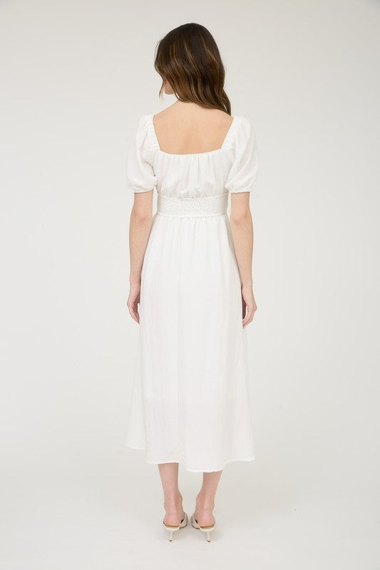 Short Puff Sleeve Smocked Waist Solid Midi Dress
