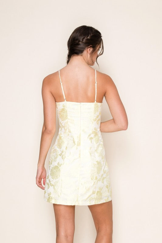 Sleeveless Floral Jaxquard Satin Mini Dress
