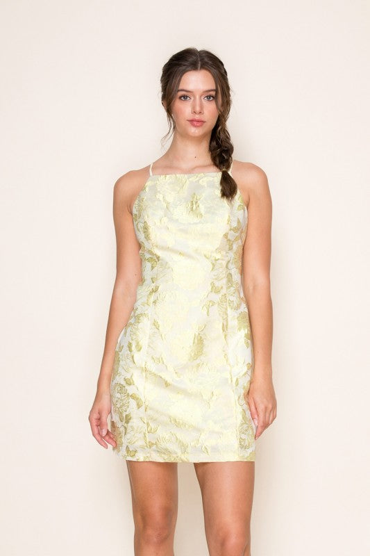 Sleeveless Floral Jaxquard Satin Mini Dress