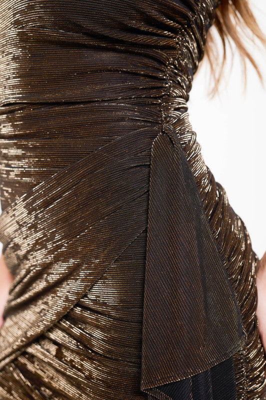 Strapless Ruched Bodycon Metallic Mini Dress with Side Ruffle