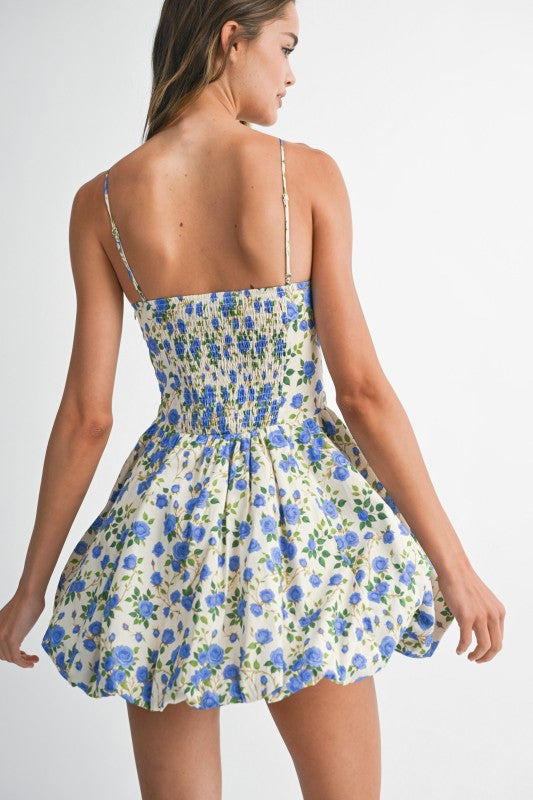 Adjustable Spaghetti Strap Flotal Print Bubble Hem Mini Dress