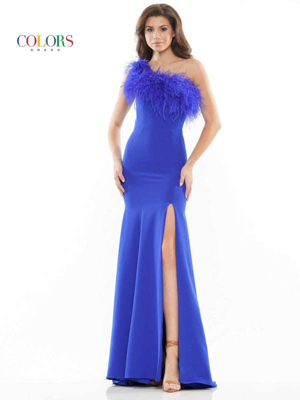 One Shoulder Fit and Flare Long Formal Dress with Feathers at Neckline and Front Slit