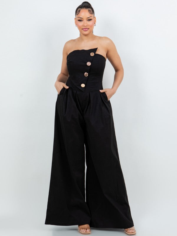 BUTTON DETAILED TUBE COTTON TWILL WIDE LEG JUMPSUIT.