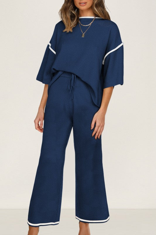 2 Piece Set with Short Sleeve Contrast Top and Loose Fit Drawstring Pants